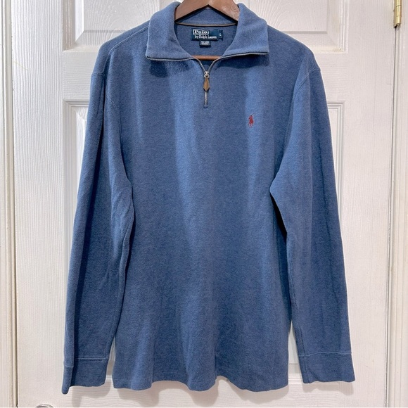 POLO Ralph Lauren Quarter Zip Sweater Men's Blue Maroon Pony Leather Pull Sz L - Picture 1 of 7